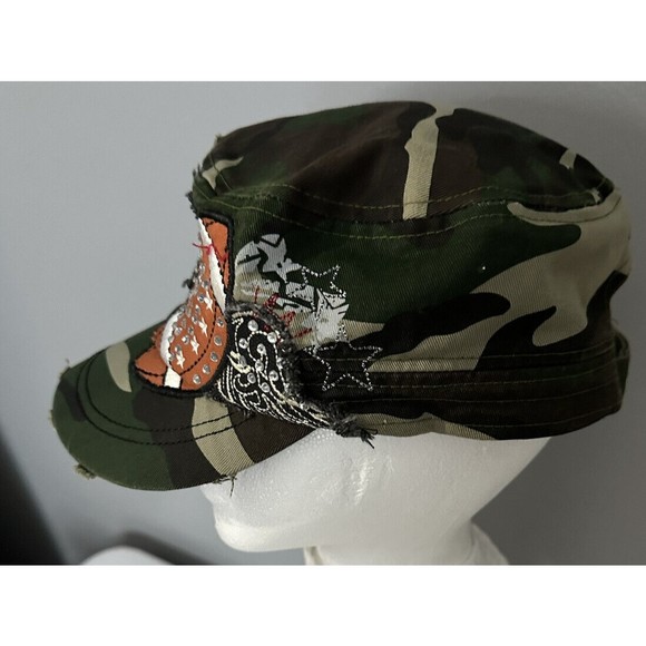 Leader LOGA Camo Hat Adjustable Distressed Rhinestone Football Brim Cotton Cap - Picture 2 of 5
